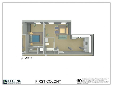 A floor plan for Unit 119 at Legend Property Group's First Colony.