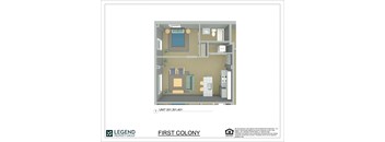 A floor plan of a property with a living room, kitchen, and bathroom.