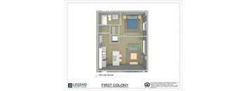 A floor plan of a property with a living room, kitchen, and two bedrooms.
