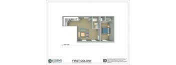 A floor plan of a unit with a living room, kitchen, and two bedrooms.