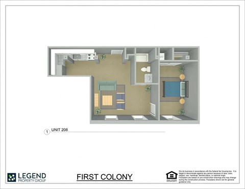 A floor plan of a unit with a living room, kitchen, and two bedrooms.