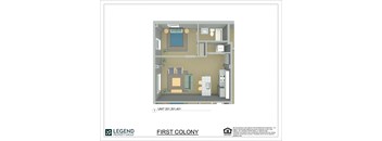 A floor plan of a property with a living room, kitchen, and bathroom.