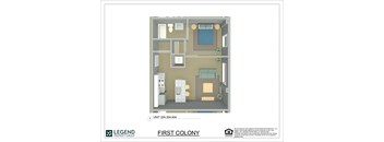 A floor plan of a property with a living room, kitchen, and two bedrooms.
