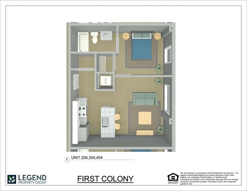 A floor plan of a property with a living room, kitchen, and two bedrooms.