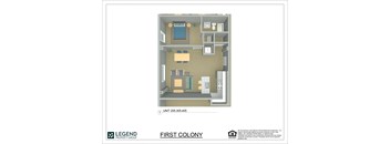 A floor plan of a property with a living room, kitchen, and bathroom.