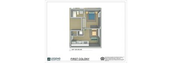 A floor plan of a property with a kitchen, living room, and two bedrooms.