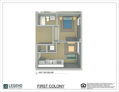 A floor plan of a property with a kitchen, living room, and two bedrooms.
