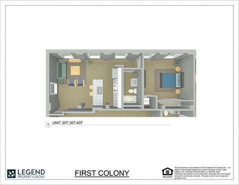 A floor plan of an apartment in the First Colony by Legend Property Group.