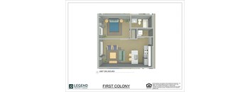 A floor plan of an apartment in the First Colony by Legend Property Group.