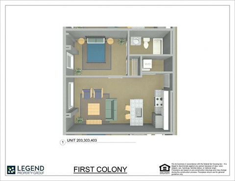 A floor plan of an apartment in the First Colony by Legend Property Group.