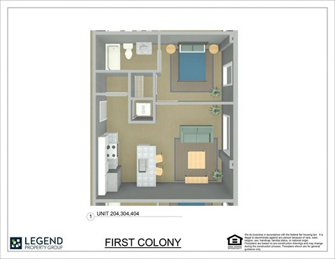 A floor plan of a property with a living room, kitchen, and two bedrooms.