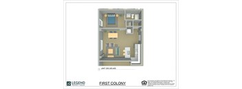 A floor plan of a property with a living room, kitchen, and bathroom.