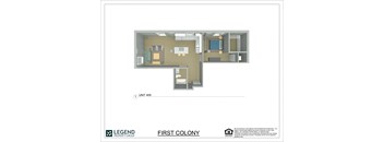A floor plan of a property with a kitchen, living room, and two bedrooms.
