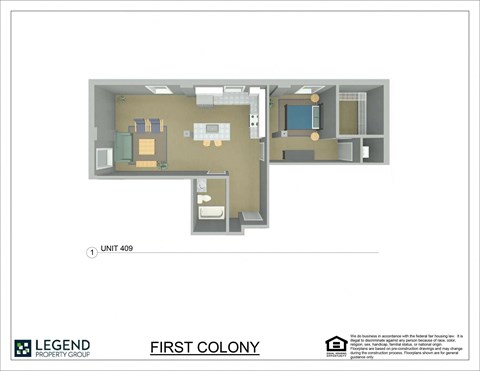 A floor plan of a property with a kitchen, living room, and two bedrooms.