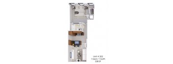 A diagram of a small apartment with a bed, a bath, and a kitchen.