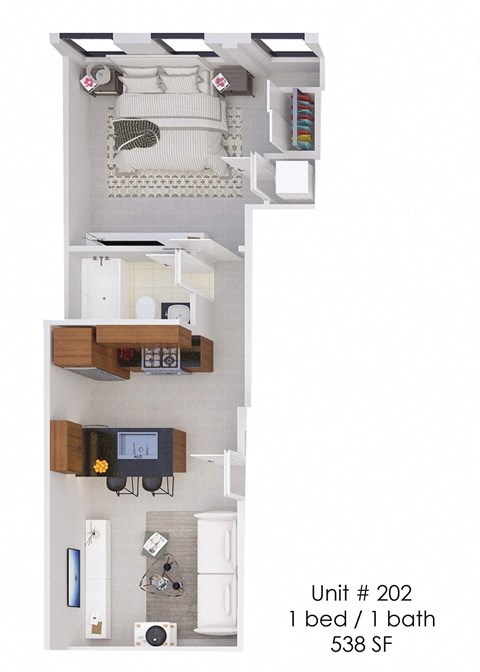 A diagram of a small apartment with a bed, a bath, and a kitchen.