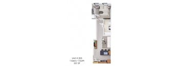 A diagram of a small apartment with a bed and a bath.