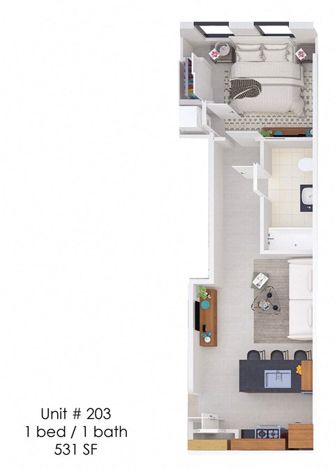 A diagram of a small apartment with a bed and a bath.