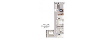 A diagram of a 3 bedroom apartment with 2 bathrooms.