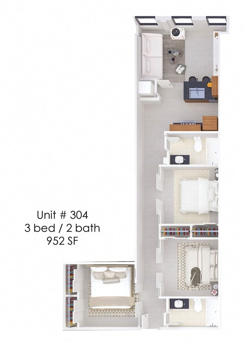 A diagram of a 3 bedroom apartment with 2 bathrooms.