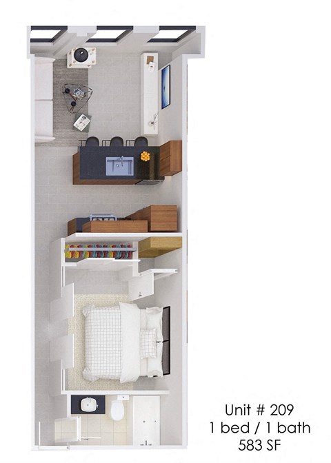 A diagram of a small apartment with a bed, a bathroom, and a kitchen.