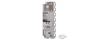 A diagram of a small apartment with a bedroom and bathroom.