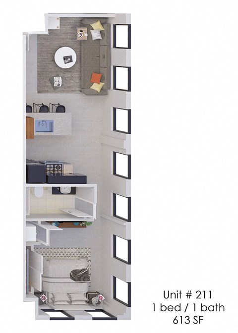 A diagram of a small apartment with a bedroom and bathroom.