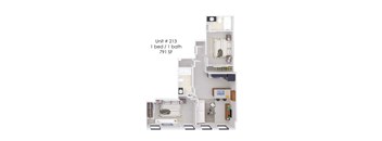 A diagram of a small apartment with a bedroom, bathroom, and kitchen.
