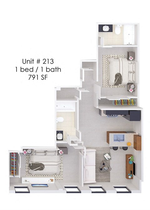 A diagram of a small apartment with a bedroom, bathroom, and kitchen.