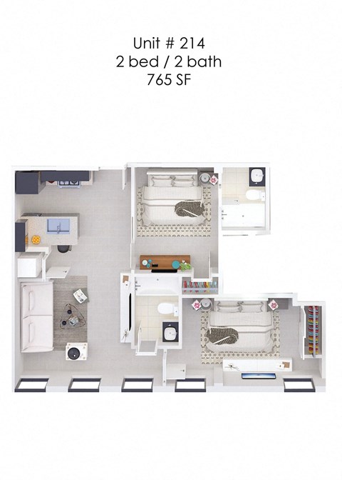 A diagram of a 2 bedroom, 2 bathroom apartment.