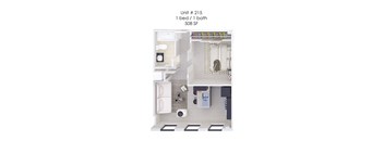 A diagram of a small apartment with one bed and one bath.
