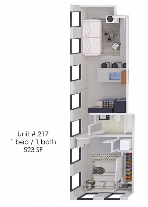 A diagram of a small apartment with a bedroom and bathroom.