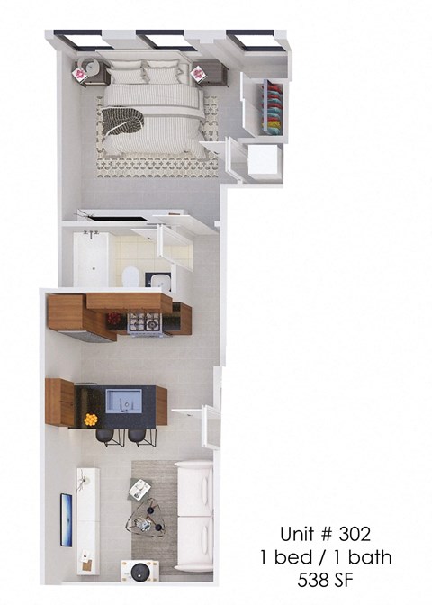 A floor plan of a small apartment with one bed and one bath.