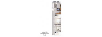 A diagram of a small apartment layout with two bedrooms and two bathrooms.