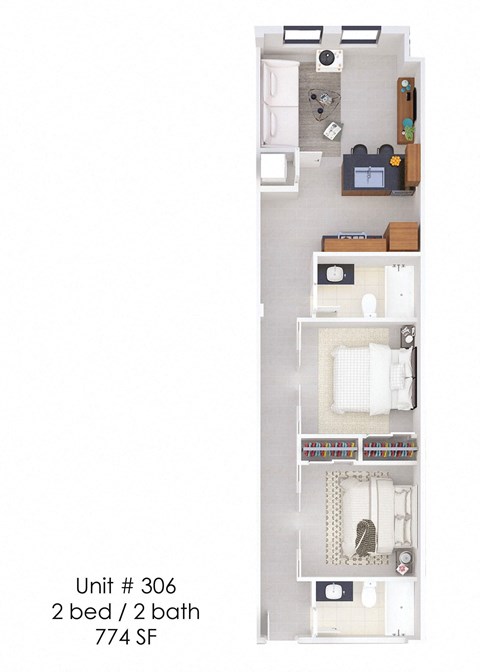 A diagram of a small apartment layout with two bedrooms and two bathrooms.