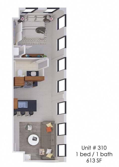 A diagram of a small apartment with a bedroom, living room, and bathroom.