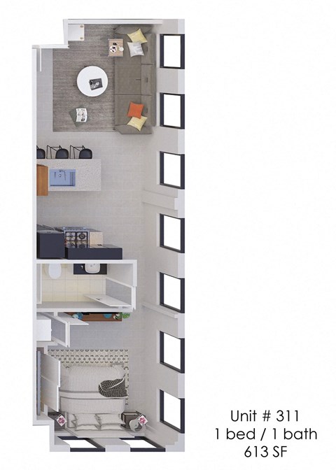 A diagram of a small apartment with a bedroom and bathroom.