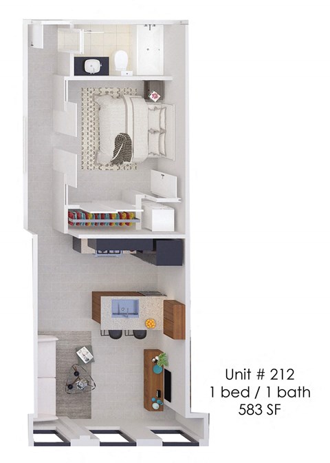 A diagram of a small apartment with a bed, a bath, and a kitchen.