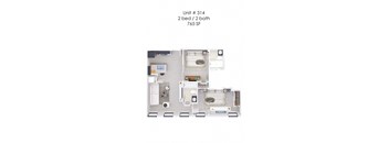 A diagram of a 2 bedroom, 2 bathroom apartment.