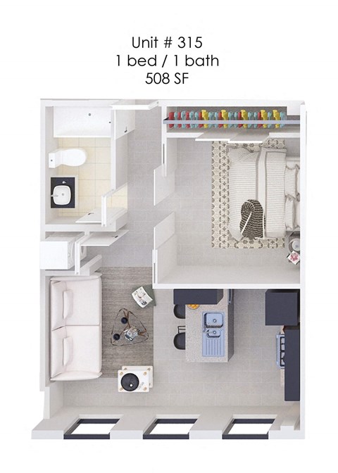 A diagram of a small apartment with one bed and one bath.