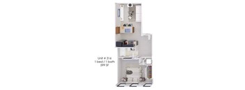 A diagram of a small apartment with a bed, a bathroom, and a kitchen.