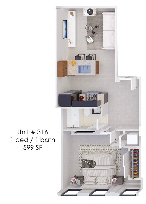 A diagram of a small apartment with a bed, a bathroom, and a kitchen.