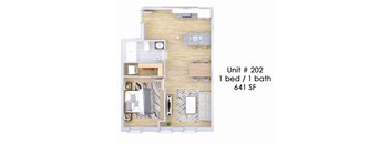A floor plan of a one bedroom apartment with one bathroom.