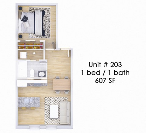 A diagram of a small apartment layout with one bed and one bath.