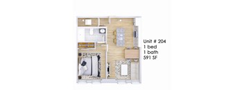 A diagram of a small apartment layout with one bed, one bath, and a kitchen area.