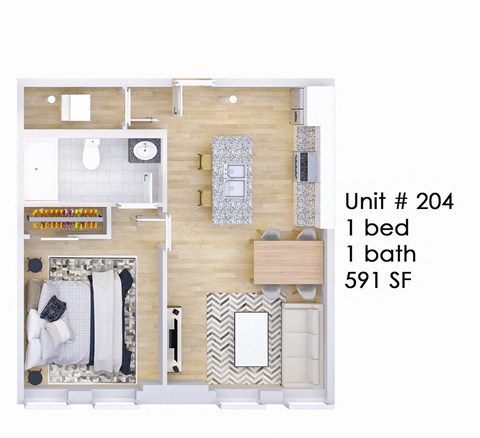 A diagram of a small apartment layout with one bed, one bath, and a kitchen area.