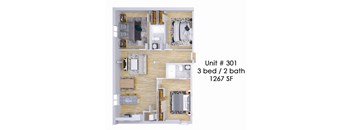 A 3D layout of a 3 bedroom apartment with 2 bathrooms and 1267 square feet.
