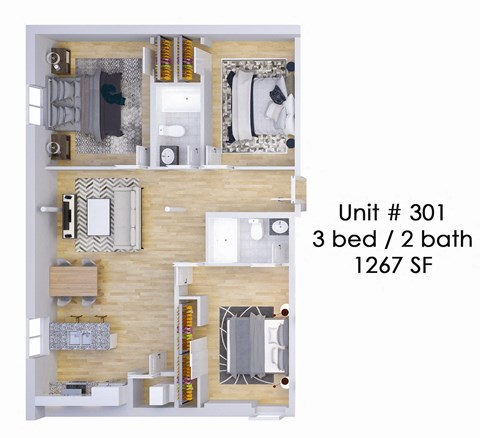 A 3D layout of a 3 bedroom apartment with 2 bathrooms and 1267 square feet.