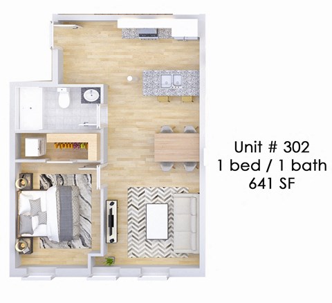 A diagram of a one bedroom apartment with a bathroom.