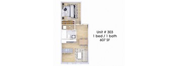 A diagram of a small apartment layout with a bed, bathroom, and kitchen.